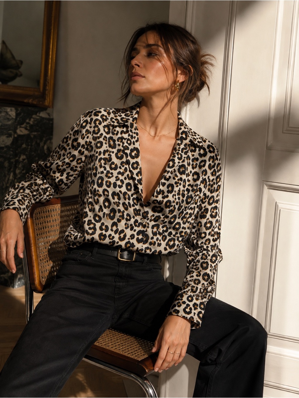 ANINE BING 100% Silk Leopard Print Button-Down Blouse